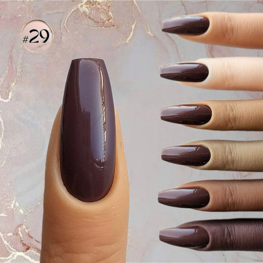 Deep, intense brown artificial nails, a chic shade that complements autumn wardrobes beautifully, matching toes and hands nails, matching all skin tones