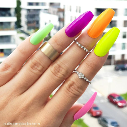 Colorful long coffin press-on nails in vibrant neon colors including green, purple, orange, yellow, and pink. Perfect for summer with glossy or matte finishes, available for online shopping with international shipping