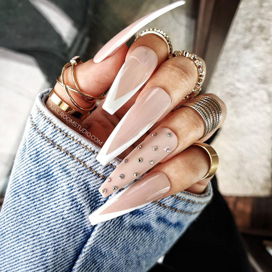 Extra long coffin nails in french style and small delicate opal crystals