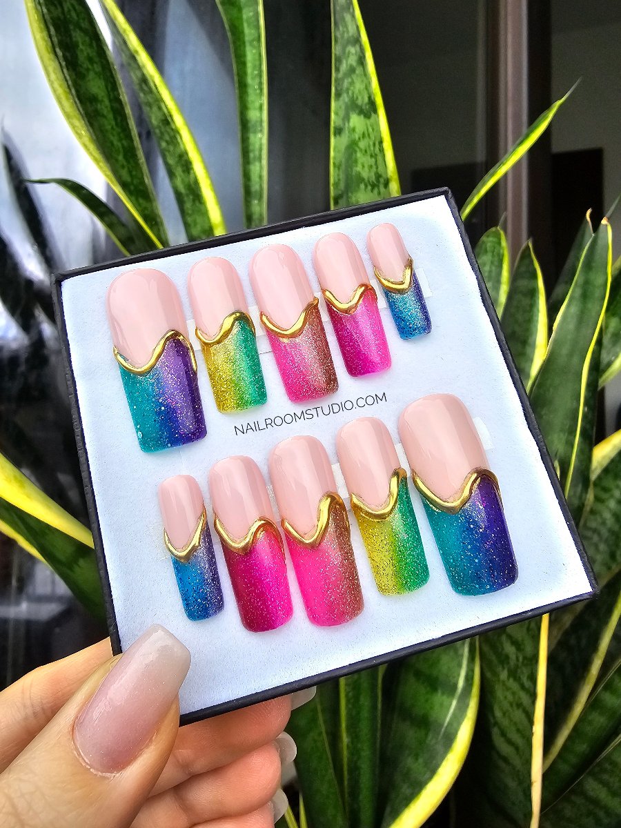 Unique rainbow ombre french glitter design of artificial hand crafted press ons, international fast shipping and great quality, many good five stars reviews