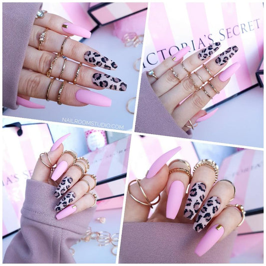 Pink matte and nude shade with leopard hand painted accents