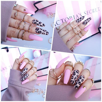 Pink matte and nude shade with leopard hand painted accents 