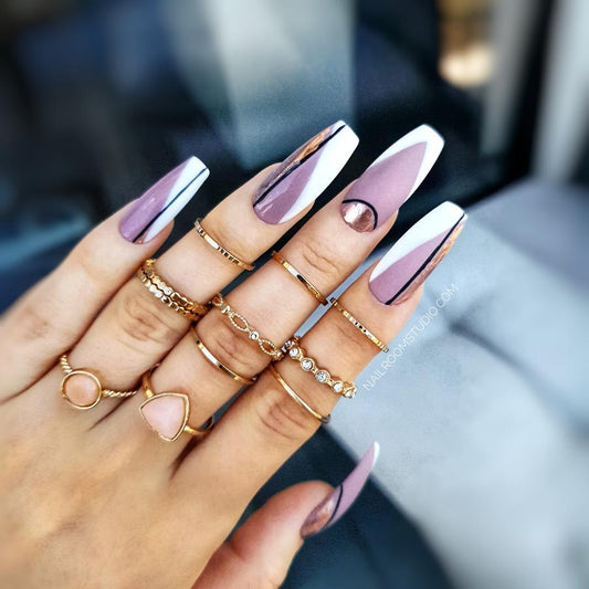 Coffin long nails with modern white french geometrical style and golden chrome accents, custom faux tips