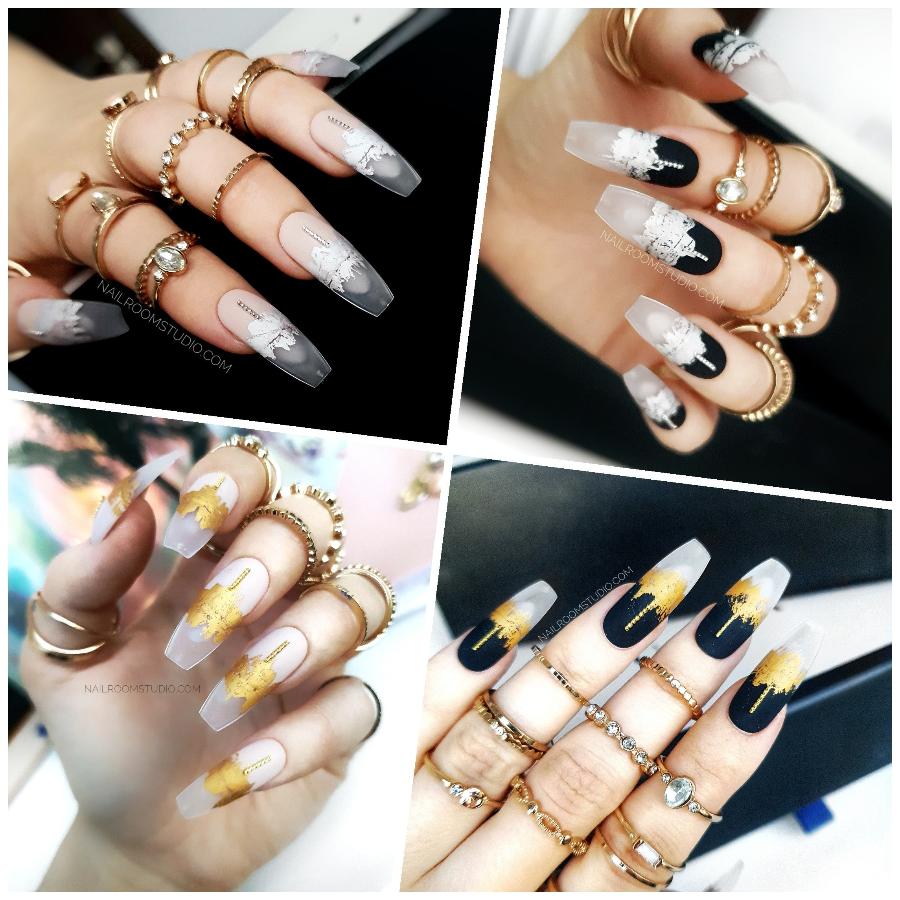 Long coffin nails featuring black, nude, gold, and silver chrome designs with 3D metal accents, styled with gold jewelry for a luxurious look