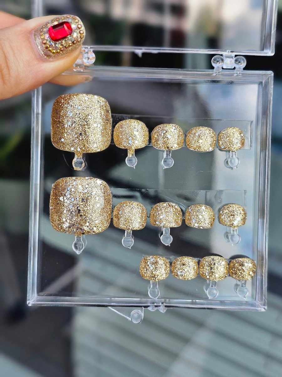 Gold glitter square-shaped PressOn nails in a clear box, ready to ship, high quality