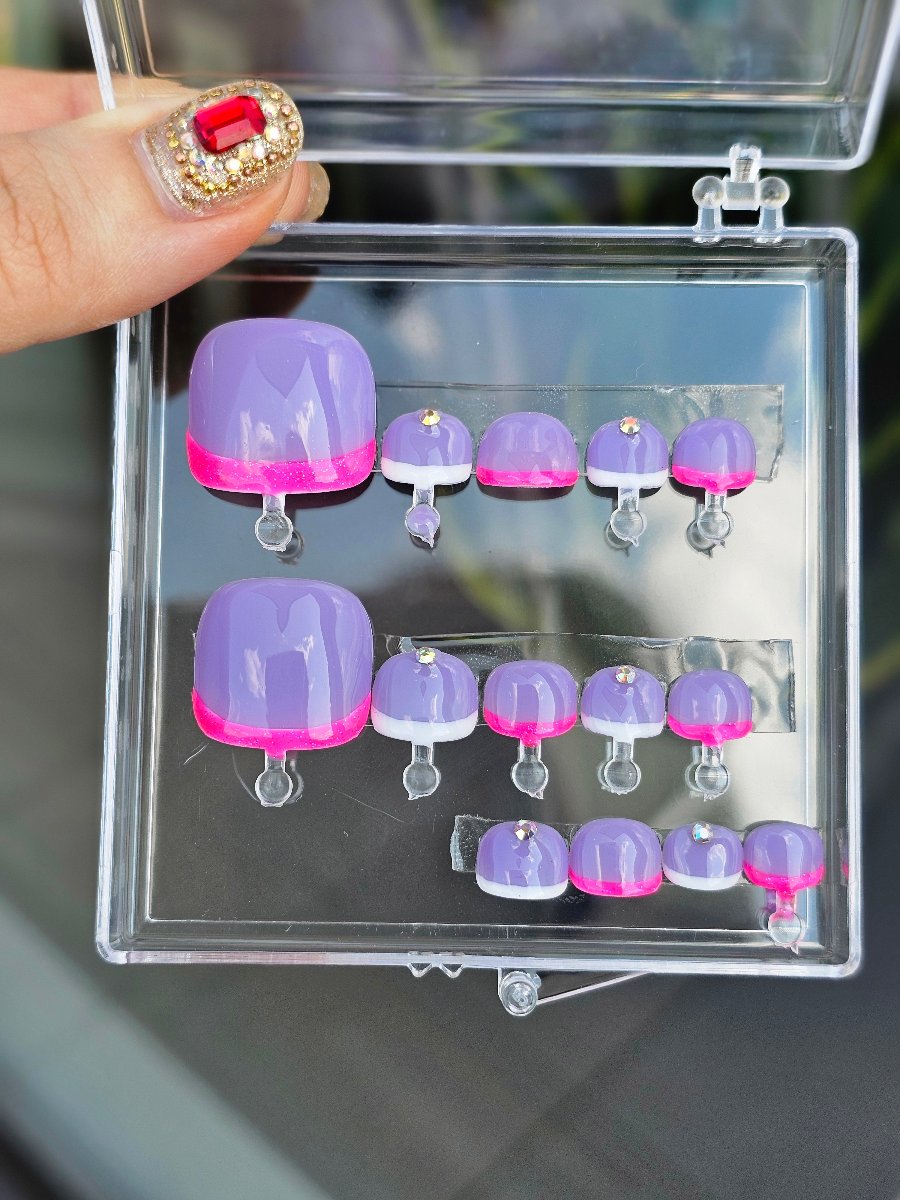 Elegant lilac PressOn toes with a bright neon pink French and silver Swarovski crystal, in a transparent box, ready to ship hard gel and acrylic pressons