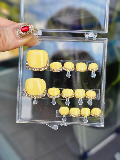 Yellow French-style toes manicure PressOn nails with Swarovski crystals on tips, in a clear box, perfect for spring and summer, international shipping available