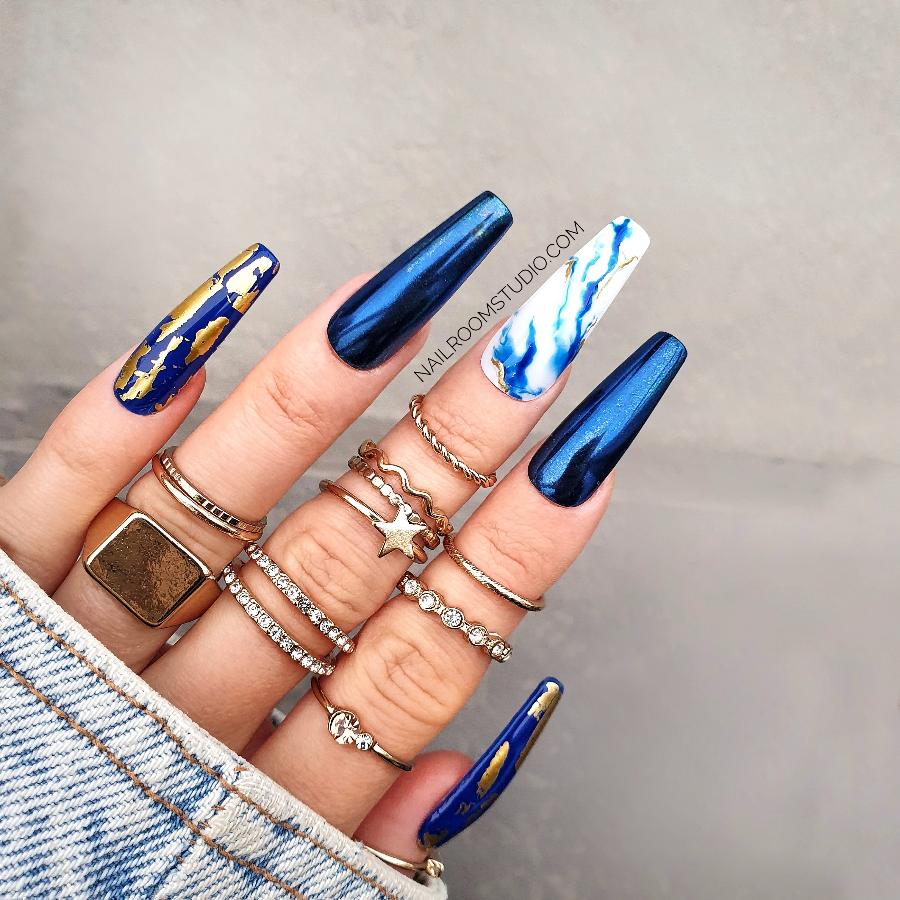 Navy blue dark chrome pop on nails with gold chrome accents and hand-painted white and blue shades marble designs, USA shipping