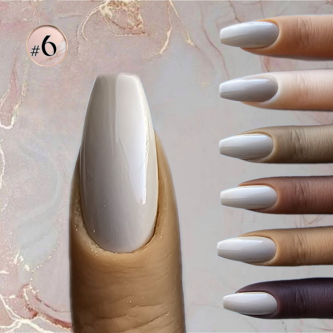 Cool beige skin tone shades with swatches PressOn nails with a grayish tint, great for adding sophistication to a minimalist style