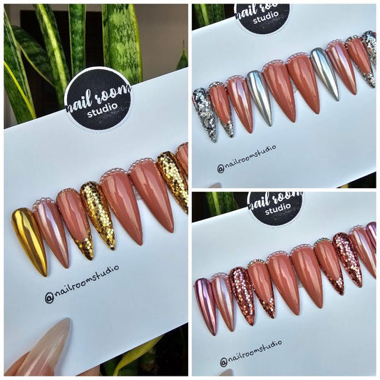 Nude Gold Shimmer press on nails, full set of ten, ready to ship, made to order, perfect for any occasion with worldwide shipping available, 3 different options to choose