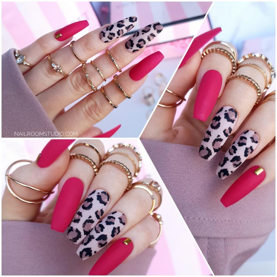 Matte nails with leopard and oriental-inspired designs, including metal accents, giving a chic, exotic finish