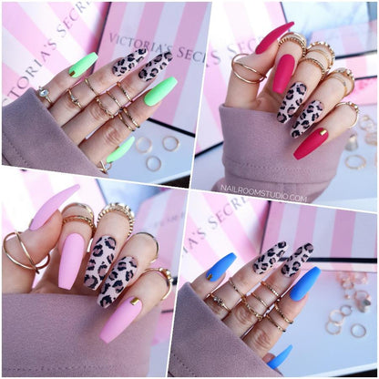 Panther simple print on nude nails, all collection contains blue, green, pink and red colors, matte finish pressons