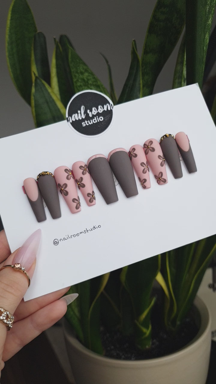 Taupe matte nails with vibrant powder pink and 3D autumn flowers, French accent nails, perfect for fall outfits, easy to apply, salon-quality press-on nails for Fall