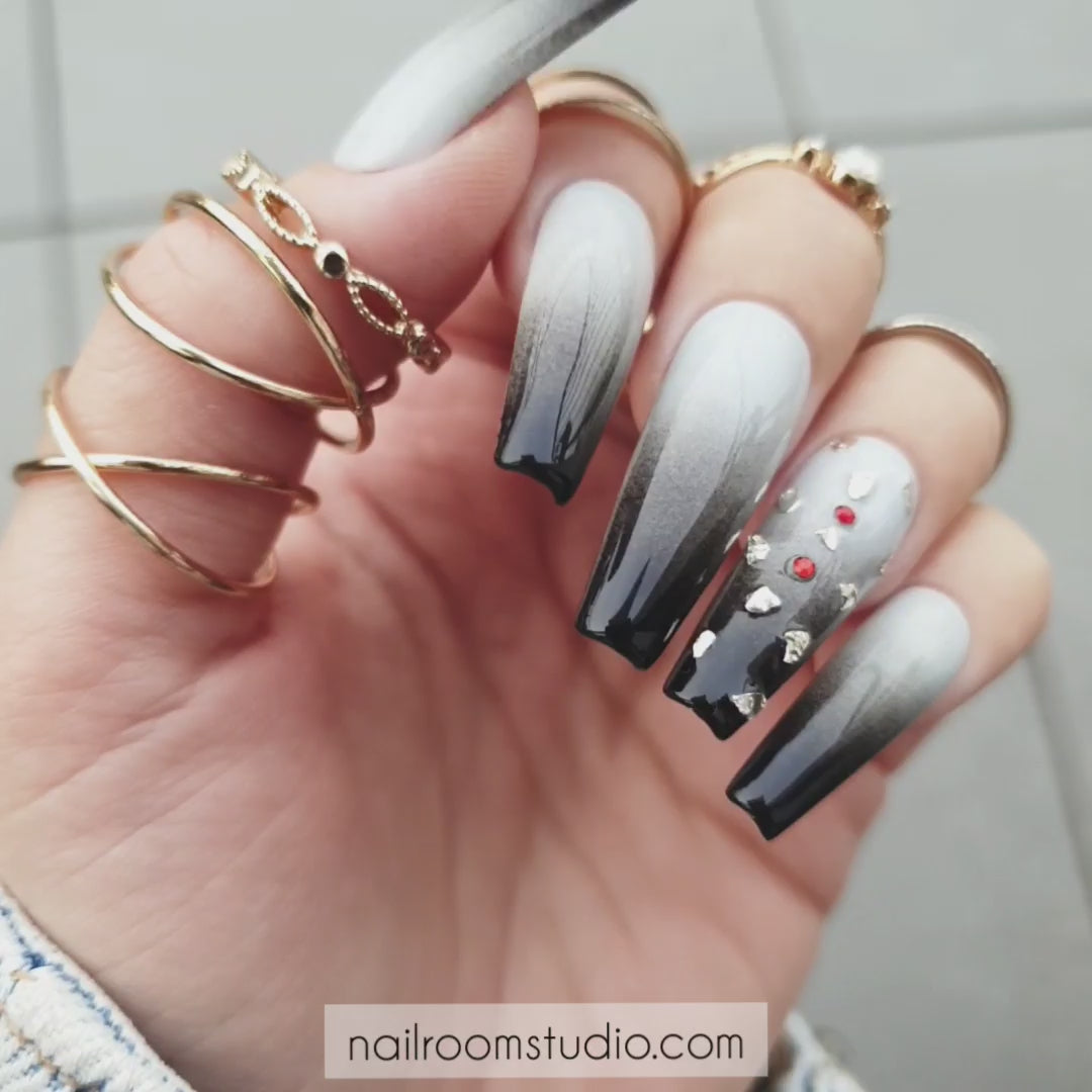 Nail Room Studio dove gray nails with black ombre, perfect for a chic and modern style, customizable matching manicure and pedicure sets for both hands and feet, rec crystals and silver opal silver charms