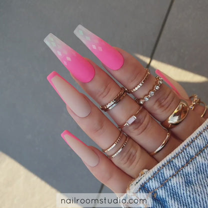 Bright pink neon rhombus coffin nails with ombre French design, glossy with partially transparent tips, perfect for summer matte finish and spring vibes by Nail Room Studio, nails of Australia