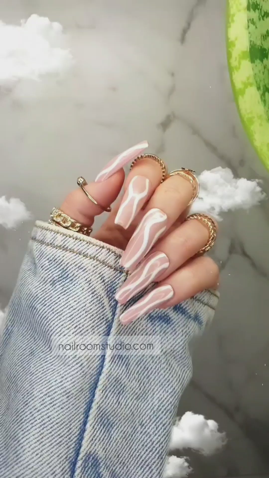 Personalized peach nude long coffin nails with elegant white waves design, ideal for pedicure and manicure, salon-quality press-on nails with glue from Nail Room Studio online shop