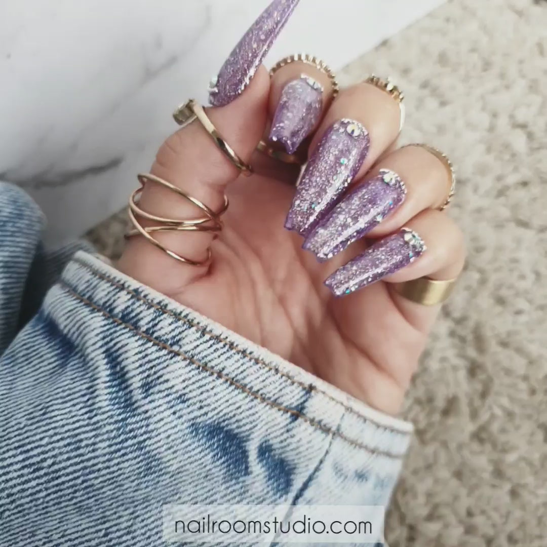 Nail Room Studio extra long coffin press on nails in grape purple jelly with silver chrome accents and Swarovski crystals, matching set available for hands and toes press ons