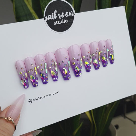 Purple and pink ombre nails with lilac and violet shades, adorned with Swarovski crystals, magical witchy design, long coffin fake nails, easy to apply, nails of India