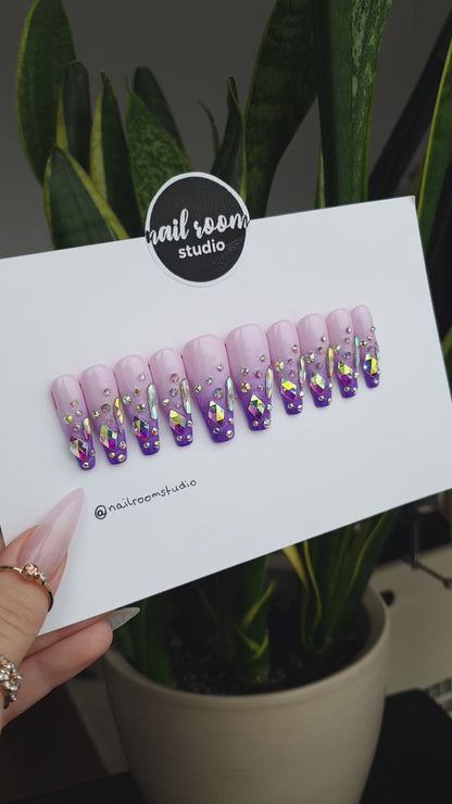 Purple and pink ombre nails with lilac and violet shades, adorned with Swarovski crystals, magical witchy design, long coffin fake nails, easy to apply, nails of India