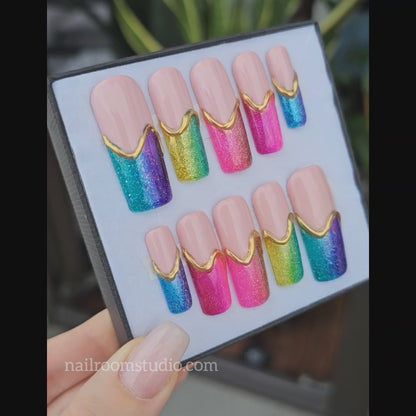 Stylish rainbow French nails with a beautiful jelly finish, ideal for summer parties and celebrations, all presented in our wideo