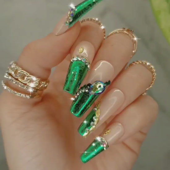 Exquisite green nails with chrome french, Swarovski crystals, and peach nude shades, perfect for autumn, and Christmass, salon-quality press-on nails for hands and feet tips