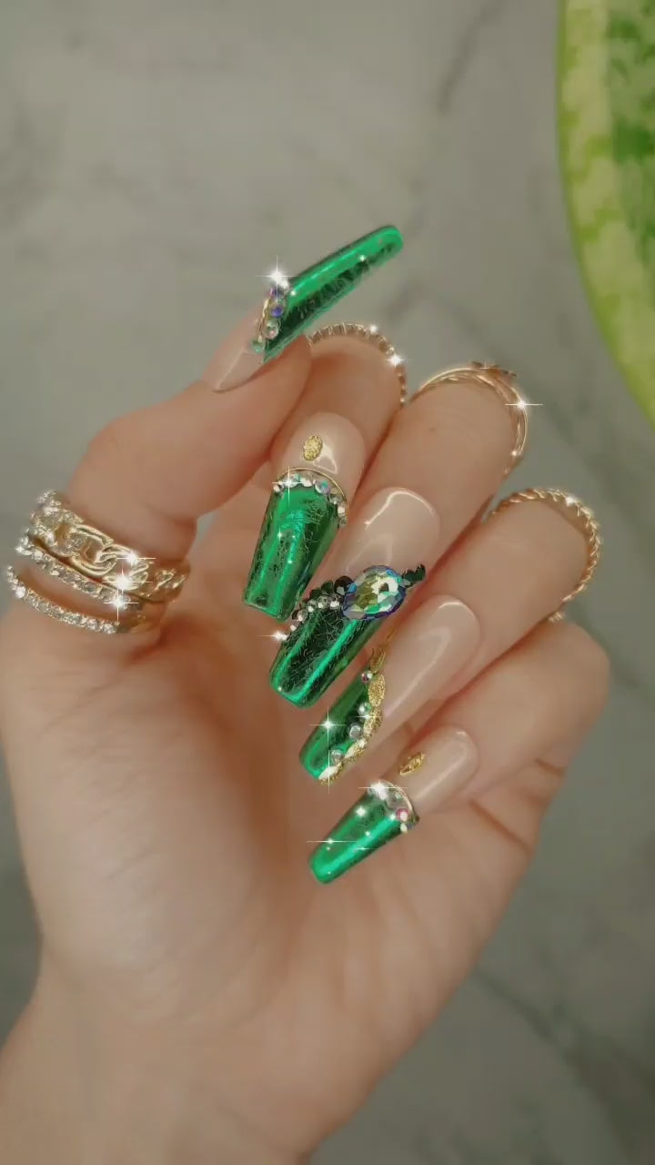 Exquisite green nails with chrome french, Swarovski crystals, and peach nude shades, perfect for autumn, and Christmass, salon-quality press-on nails for hands and feet tips