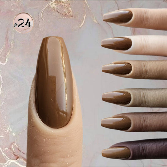 Rich brown-beige faux nails, offering full coverage with a slightly pastel touch for a distinct style