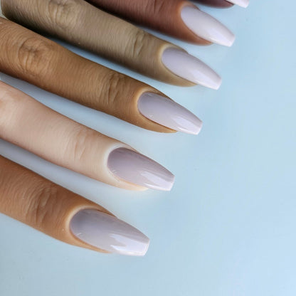 Delicate, powdery lilac artificial nails, perfect for bridal occasions, with a soft, stylish appeal, natural and color swatches for all races and skin tones, customizable nails by Nail Room Studio